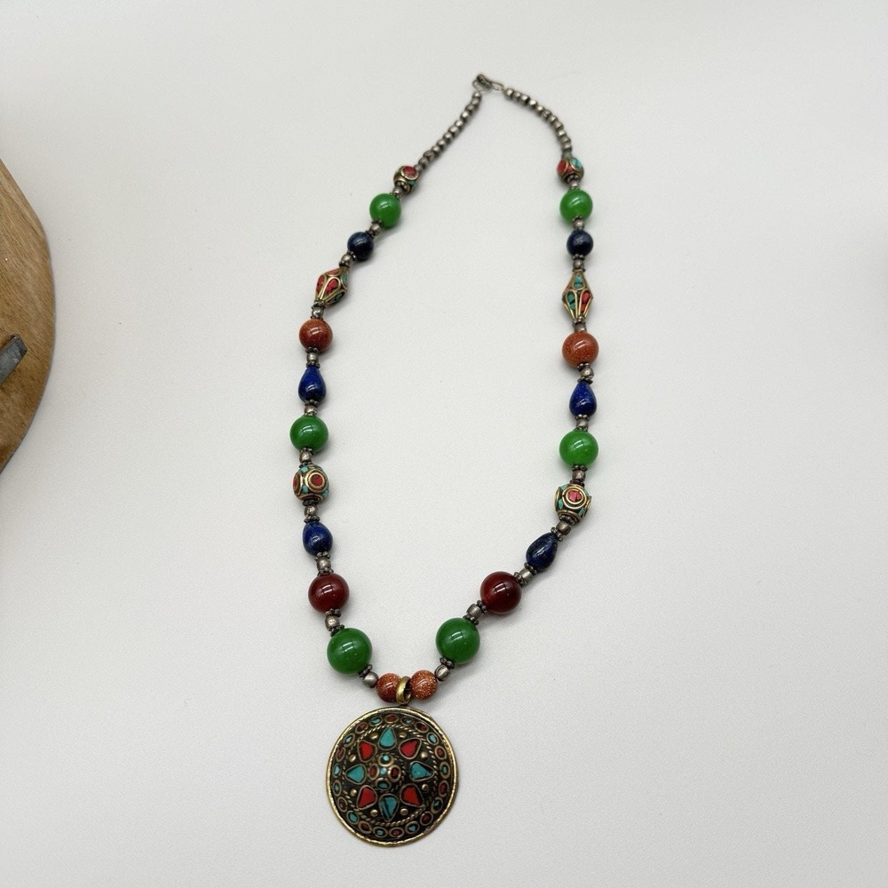 Tibetan Inlay Dome Pendant Necklace Boho Mixed Glass/Semi Precious Beads & Stone - Picture 8 of 16
